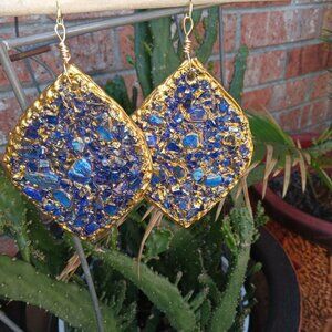 Geode Cluster Blue Metallic Gold Earrings